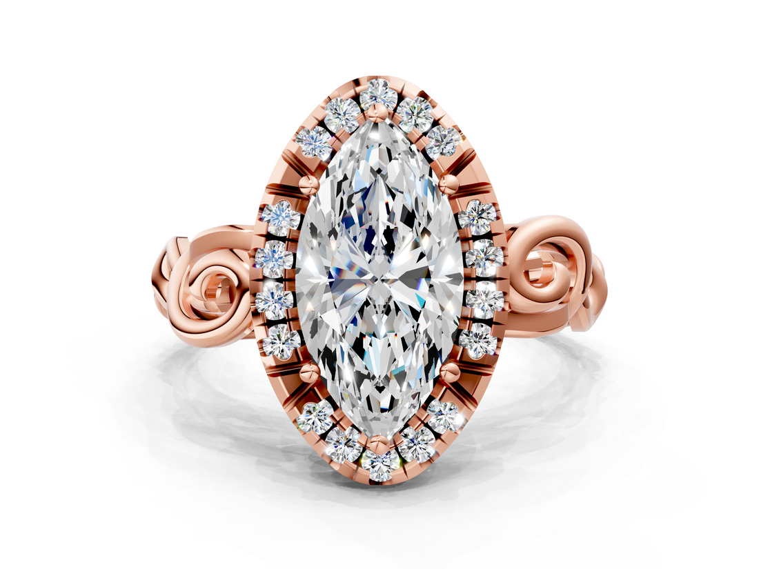 Rose gold Marquise Cut Halo Diamond Ring with Scrollwork Band and Four-Prong Setting_82