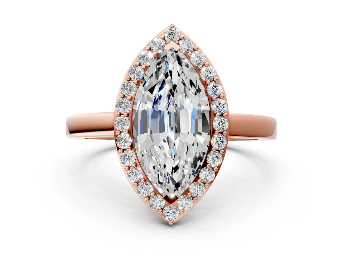 Rose gold Marquise Cut Halo Diamond Ring with Solitaire Band and Prong Setting_3