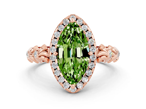 Rose gold Marquise Cut Peridot Halo Ring with Filigree Band and Prong Setting