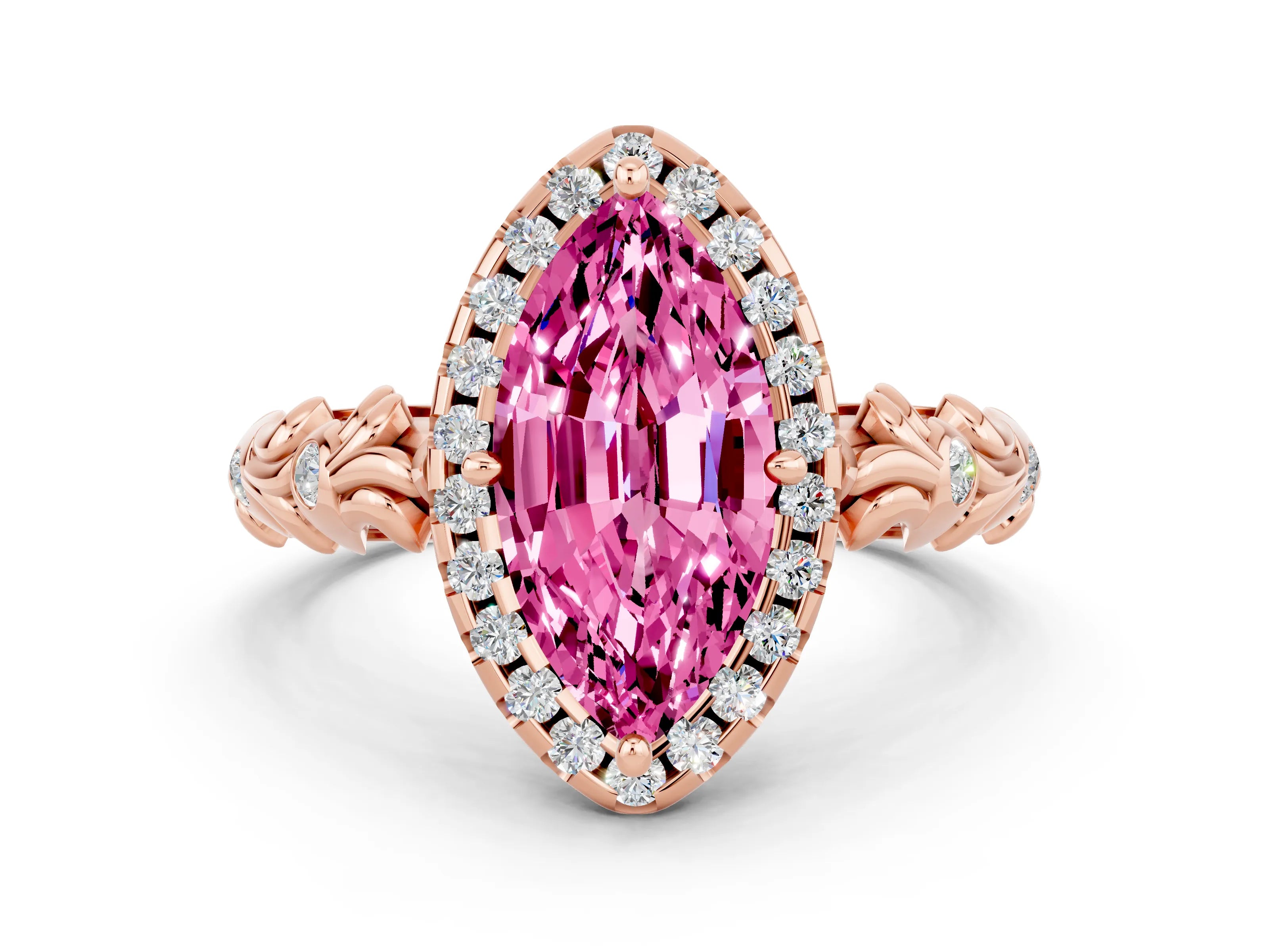 Rose gold Marquise Cut Halo Diamond Solitaire with Filigree Band and Four-Prong Setting