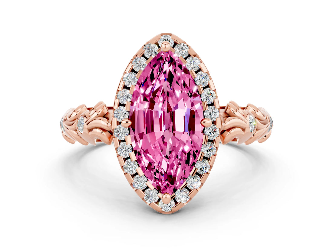Rose gold Marquise Cut Halo Diamond Solitaire with Filigree Band and Four-Prong Setting