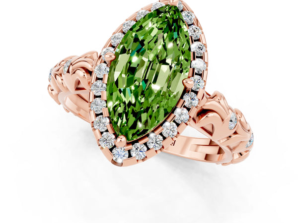 Rose gold Marquise Cut Peridot Halo Ring with Filigree Band and Prong Setting