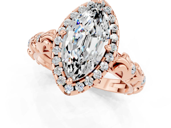 Rose gold Marquise Cut Moissanite Halo Ring with Filigree Band and Prong Setting