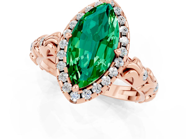 Rose gold Marquise Cut Emerald Halo Ring with Filigree Band and Prong Setting
