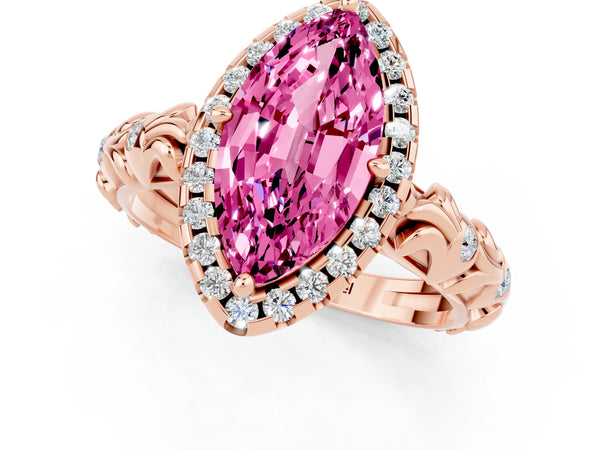 Rose gold Marquise Cut Pink Sapphire Halo Ring with Filigree Band and Prong Setting
