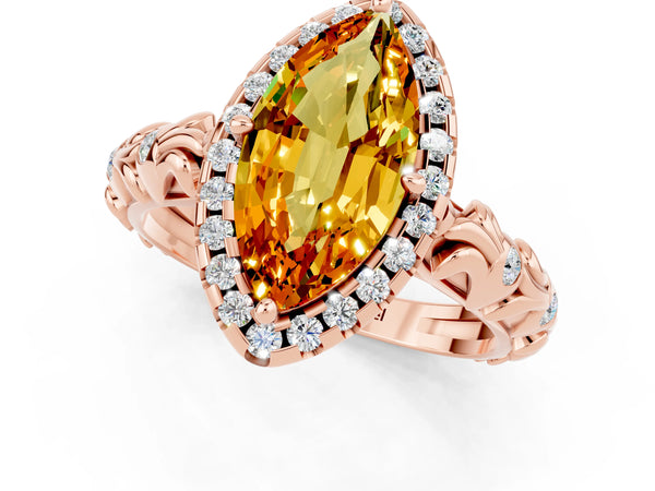 Rose gold Marquise Cut Citrine Halo Ring with Filigree Band and Prong Setting