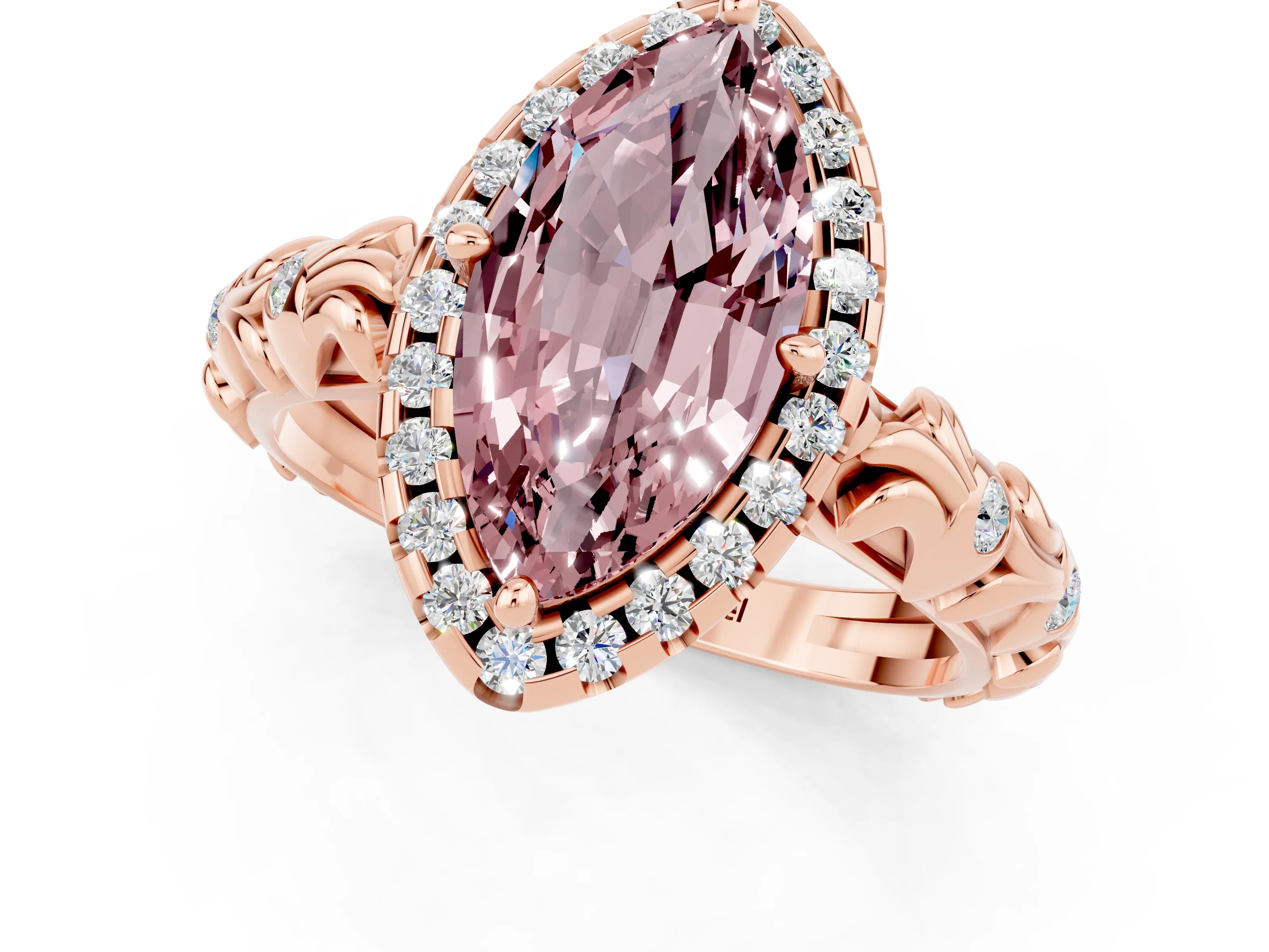 Rose gold Marquise Cut Halo Diamond Solitaire with Filigree Band and Four-Prong Setting_1