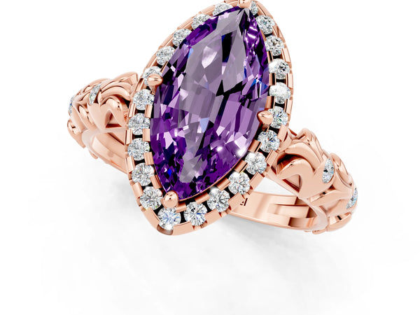 Rose gold Marquise Cut Amethyst Halo Ring with Filigree Band and Prong Setting