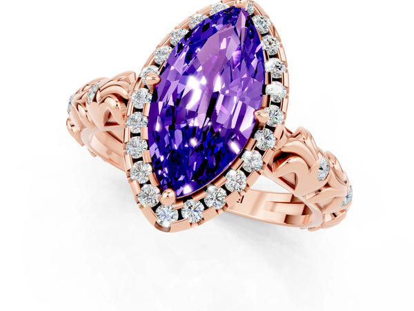 Rose gold Marquise Cut Tanzanite Halo Ring with Filigree Band and Prong Setting