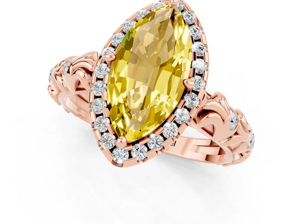 Rose gold Marquise Cut Yellow Sapphire Halo Ring with Filigree Band and Prong Setting