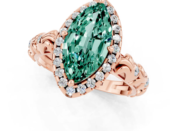 Rose gold Marquise Cut Green Sapphire Halo Ring with Filigree Band and Prong Setting