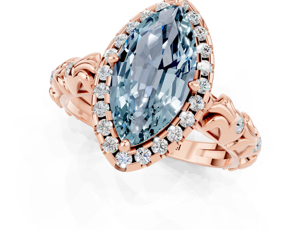 Rose gold Marquise Cut Aquamarine Halo Ring with Filigree Band and Prong Setting