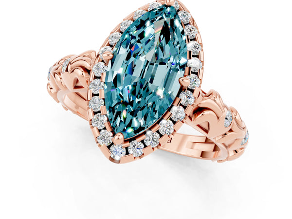 Rose gold Marquise Cut Halo Diamond Solitaire with Filigree Band and Four-Prong Setting
