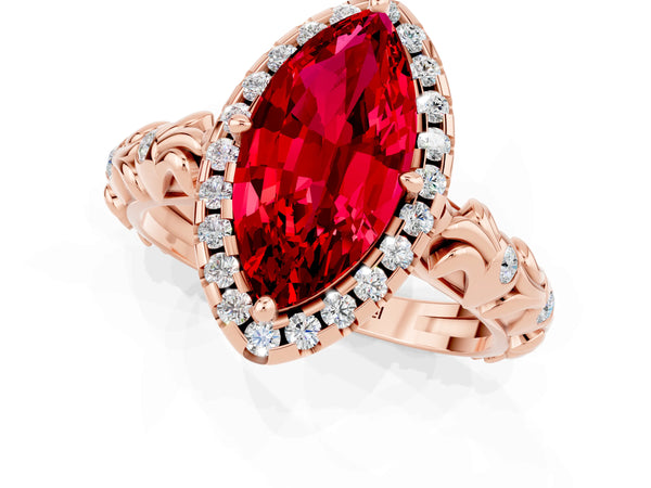 Rose gold Marquise Cut Ruby Halo Ring with Filigree Band and Prong Setting