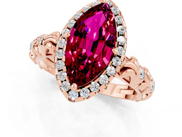 Rose gold Marquise Cut Garnet Halo Ring with Filigree Band and Prong Setting