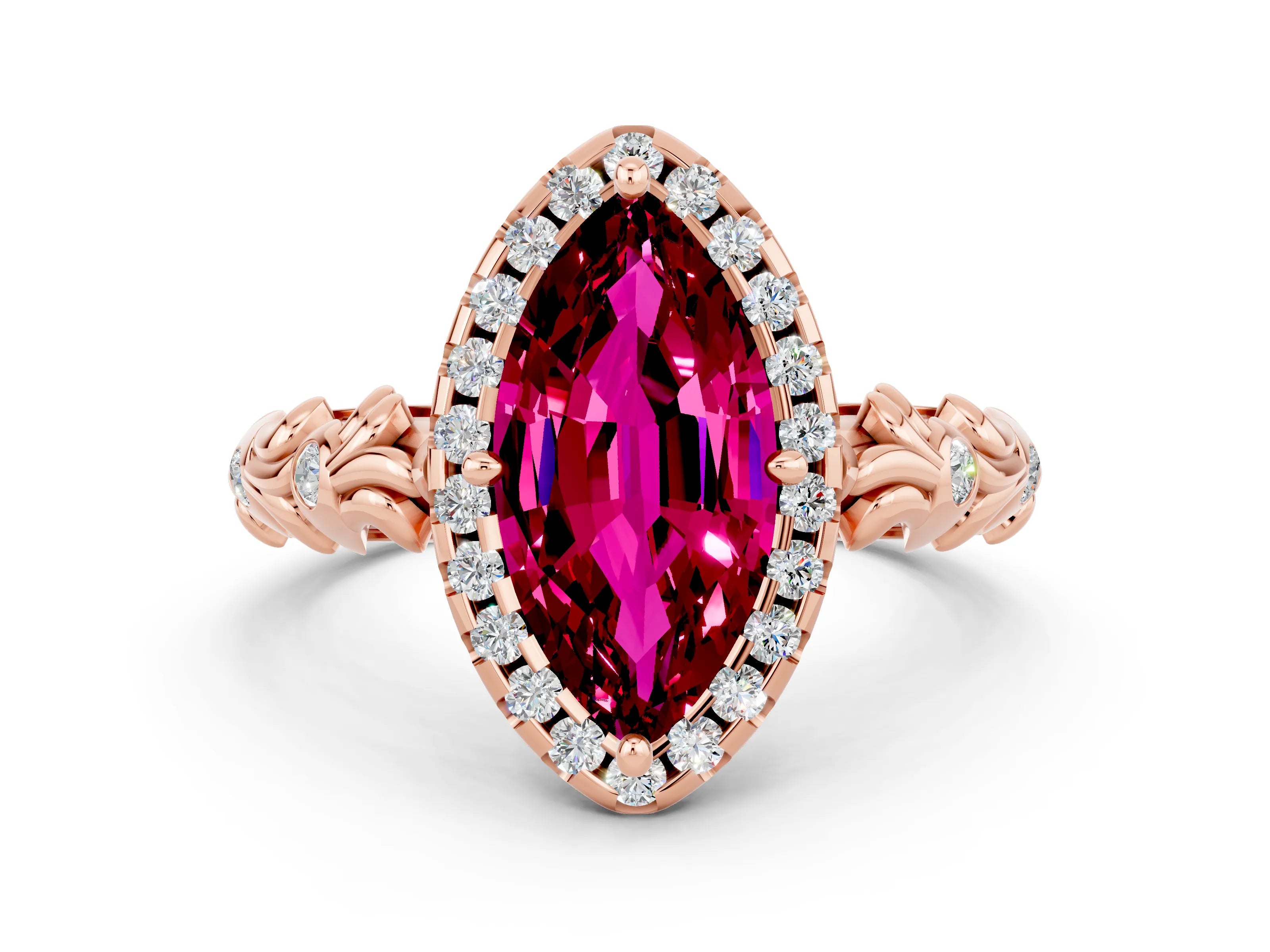 Rose gold Marquise Cut Halo Diamond Solitaire with Filigree Band and Four-Prong Setting