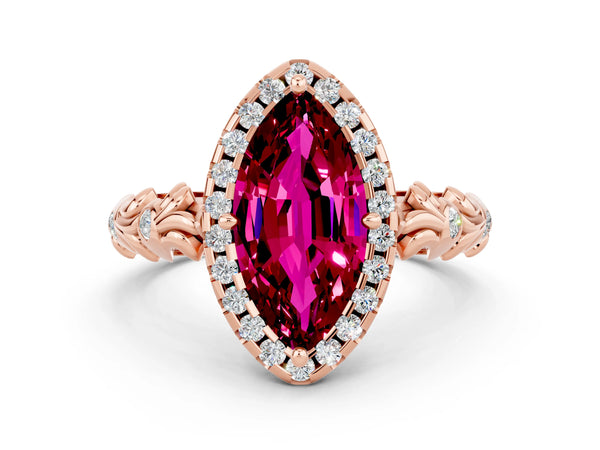 Rose gold Marquise Cut Garnet Halo Ring with Filigree Band and Prong Setting