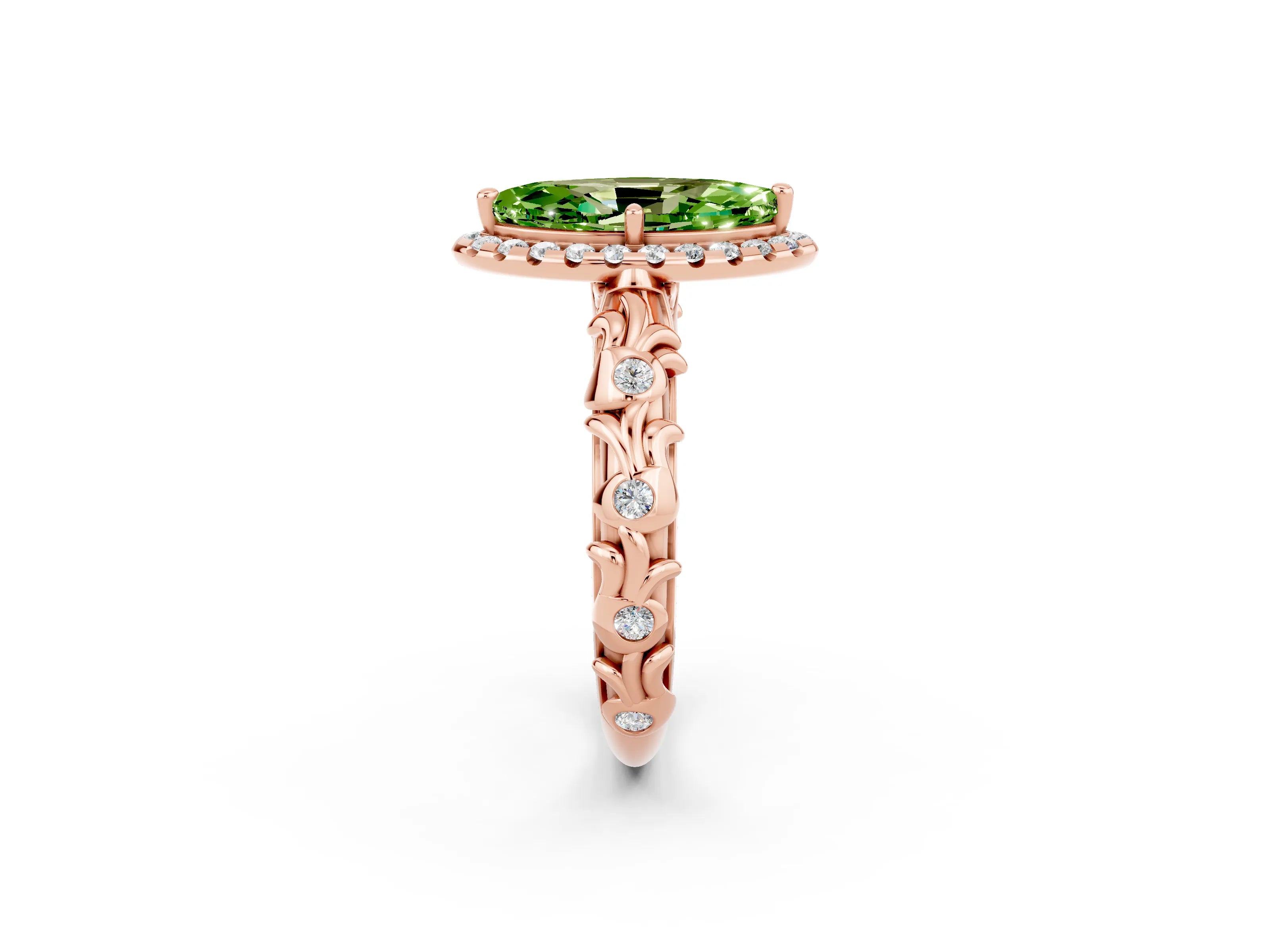 Rose gold Marquise Cut Halo Diamond Solitaire with Filigree Band and Four-Prong Setting_2