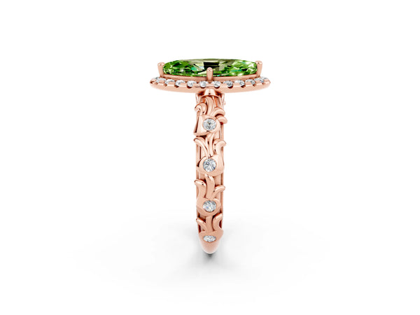 Rose gold Marquise Cut Peridot Halo Ring with Filigree Band and Prong Setting