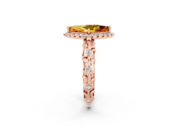 Rose gold Marquise Cut Citrine Halo Ring with Filigree Band and Prong Setting