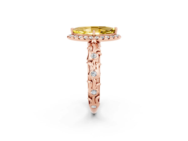 Rose gold Marquise Cut Yellow Sapphire Halo Ring with Filigree Band and Prong Setting