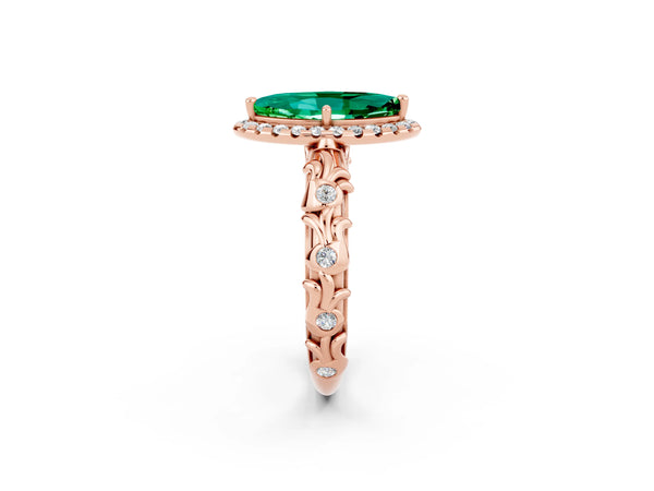 Rose gold Marquise Cut Emerald Halo Ring with Filigree Band and Prong Setting