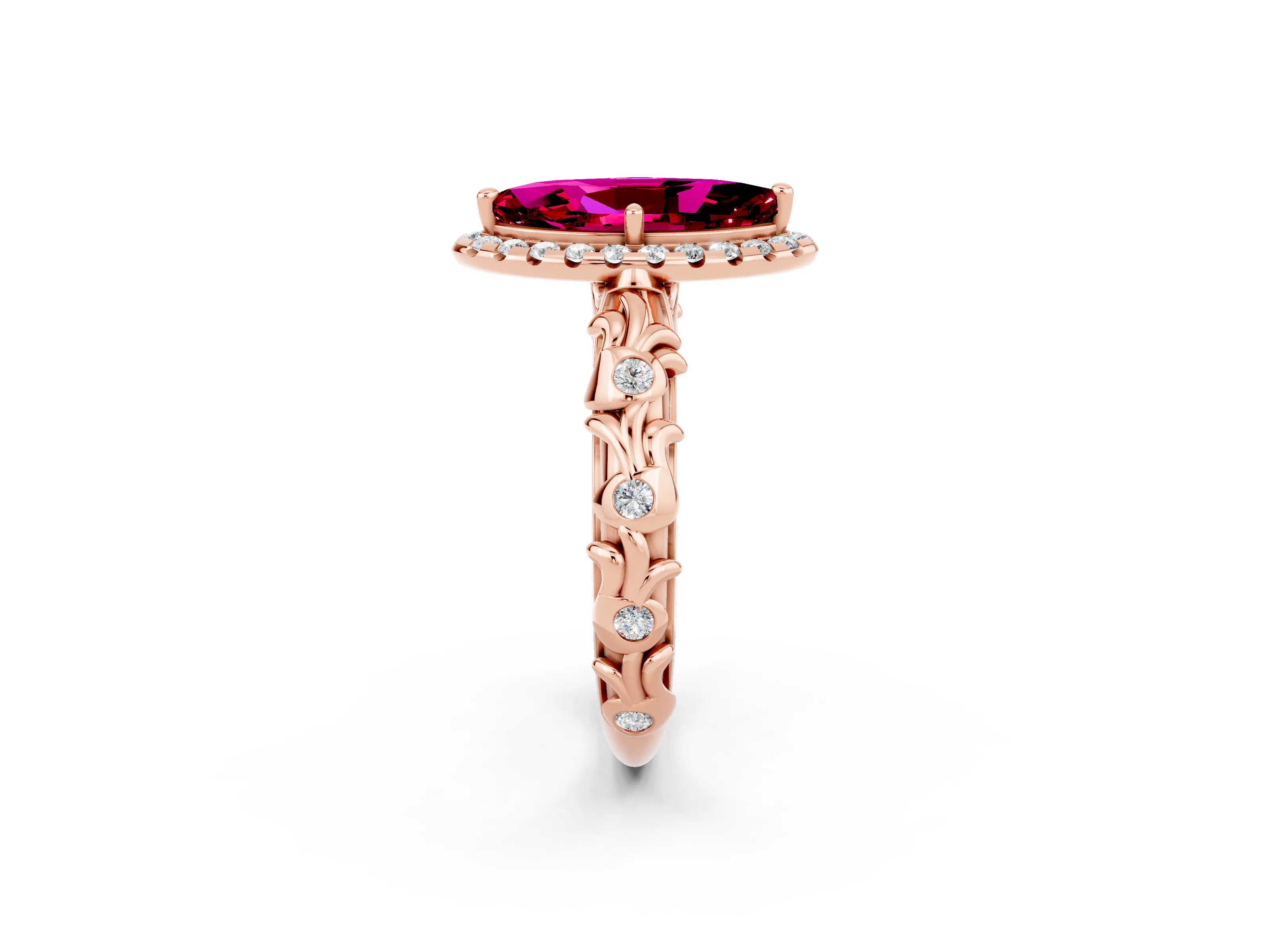 Rose gold Marquise Cut Halo Diamond Solitaire with Filigree Band and Four-Prong Setting_2