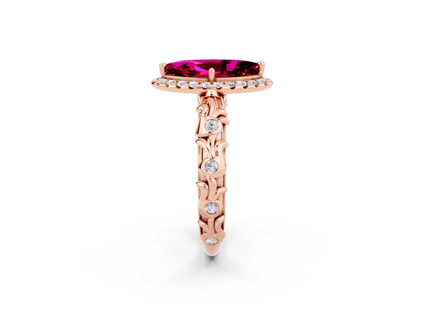 Rose gold Marquise Cut Garnet Halo Ring with Filigree Band and Prong Setting
