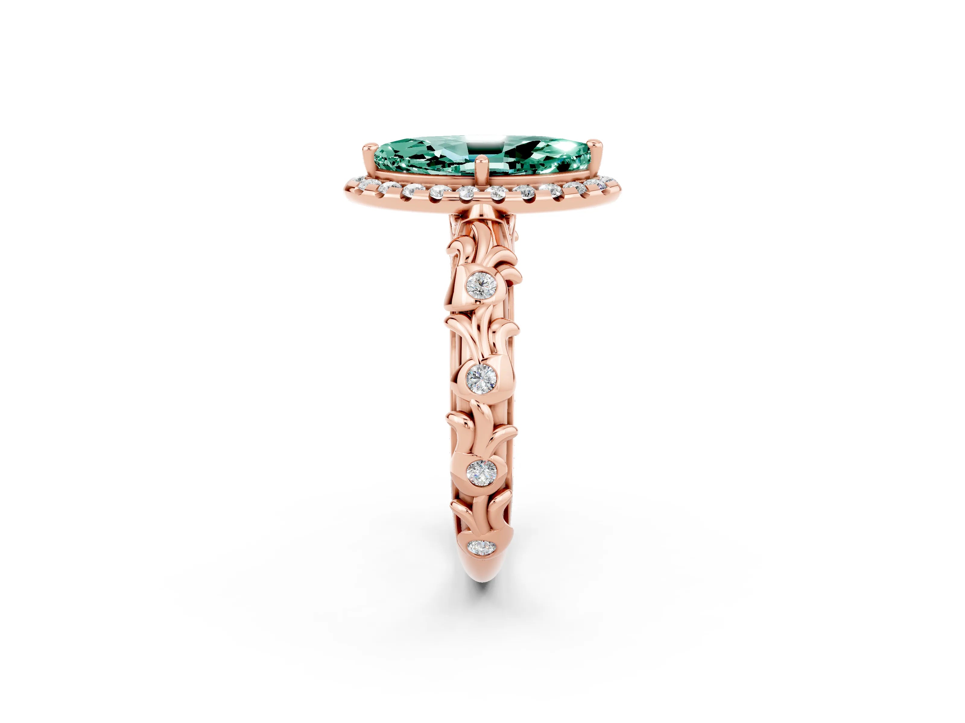 Rose gold Marquise Cut Halo Diamond Solitaire with Filigree Band and Four-Prong Setting_2