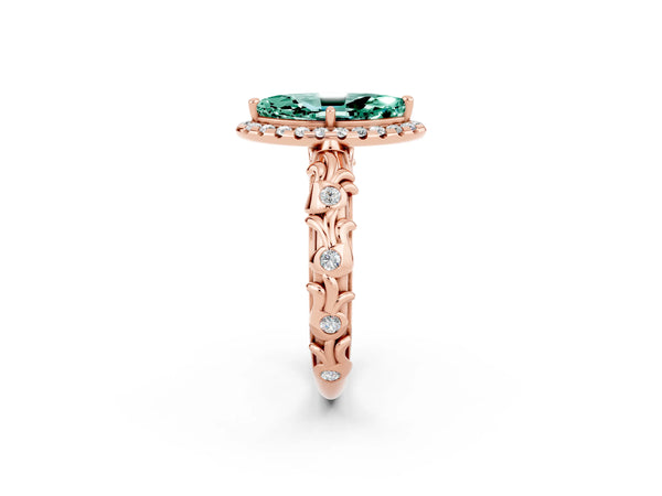 Rose gold Marquise Cut Green Sapphire Halo Ring with Filigree Band and Prong Setting