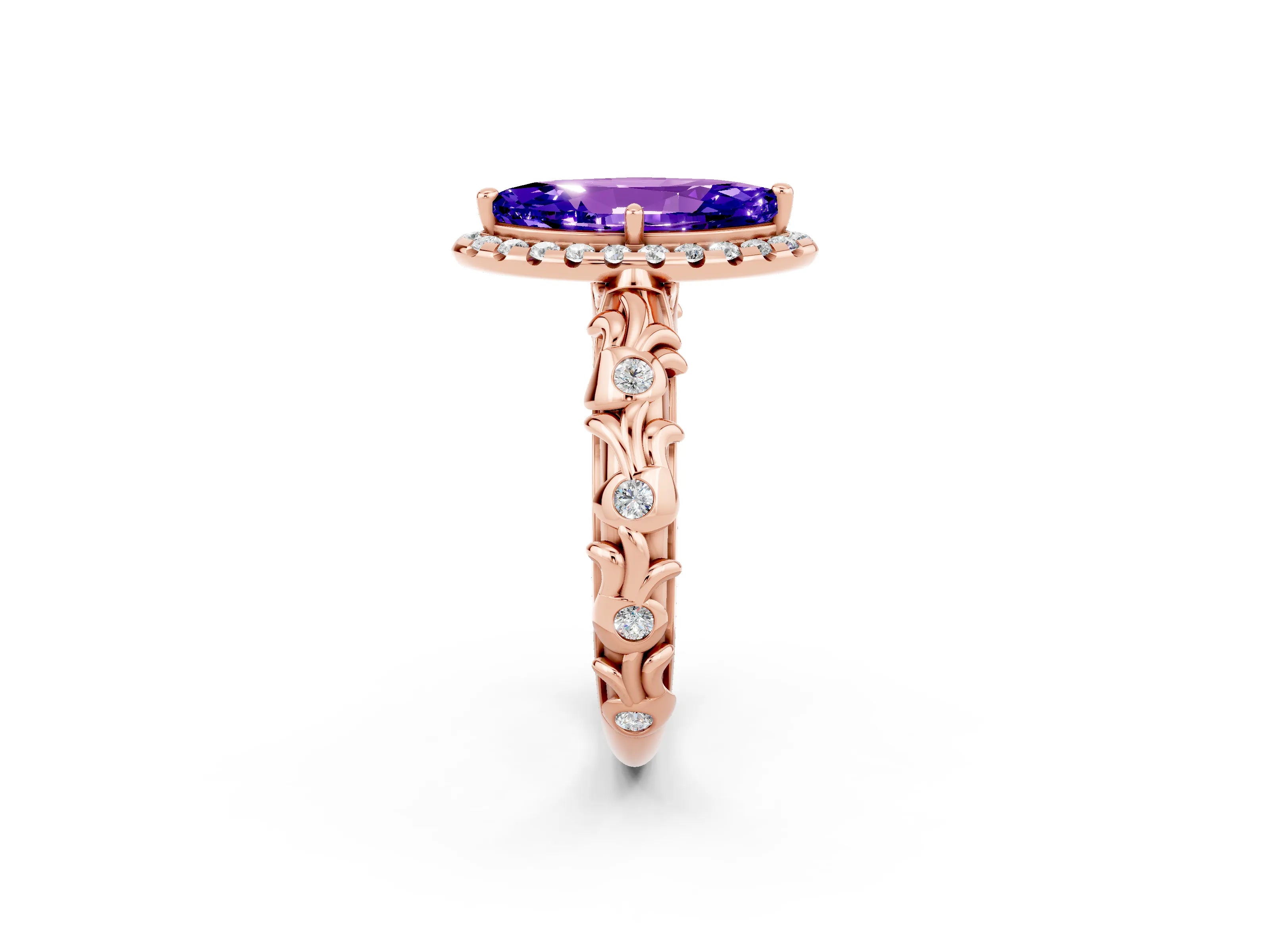 Rose gold Marquise Cut Halo Diamond Solitaire with Filigree Band and Four-Prong Setting_2