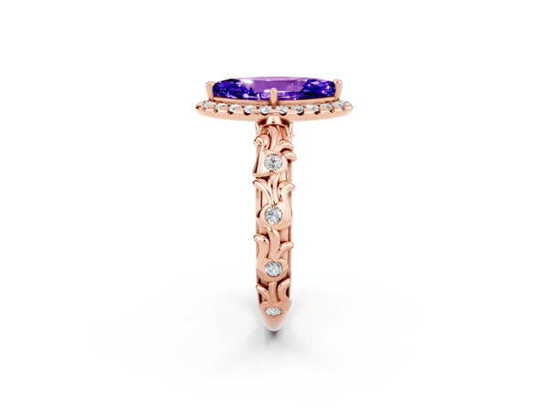 Rose gold Marquise Cut Tanzanite Halo Ring with Filigree Band and Prong Setting