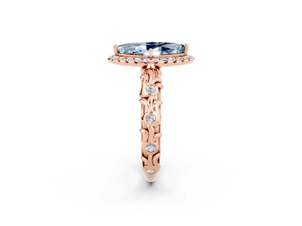 Rose gold Marquise Cut Aquamarine Halo Ring with Filigree Band and Prong Setting