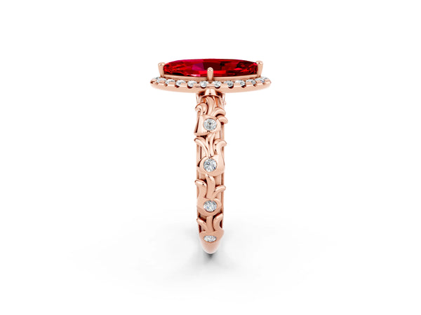 Rose gold Marquise Cut Ruby Halo Ring with Filigree Band and Prong Setting