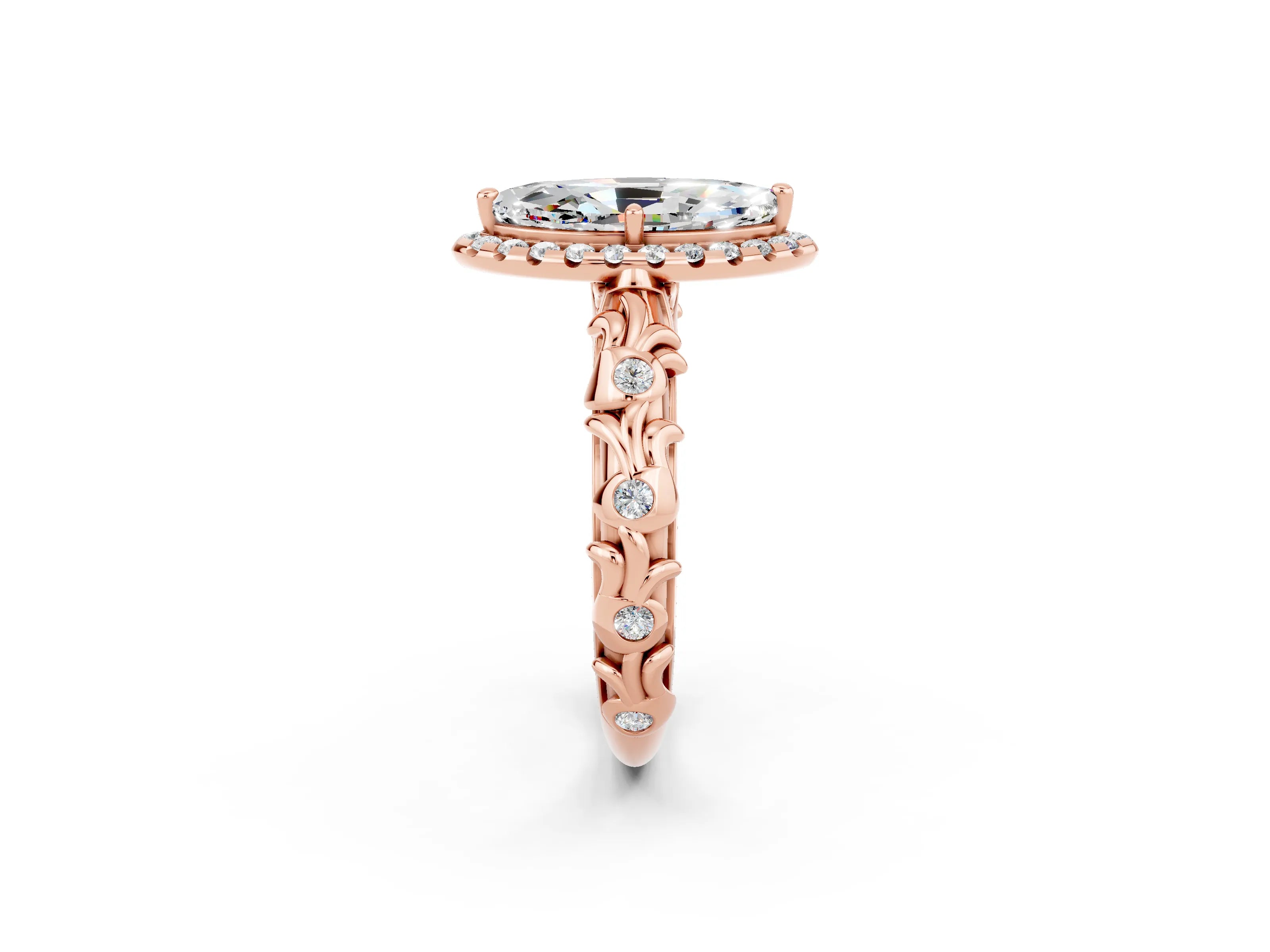Rose gold Marquise Cut Halo Diamond Solitaire with Filigree Band and Four-Prong Setting_2