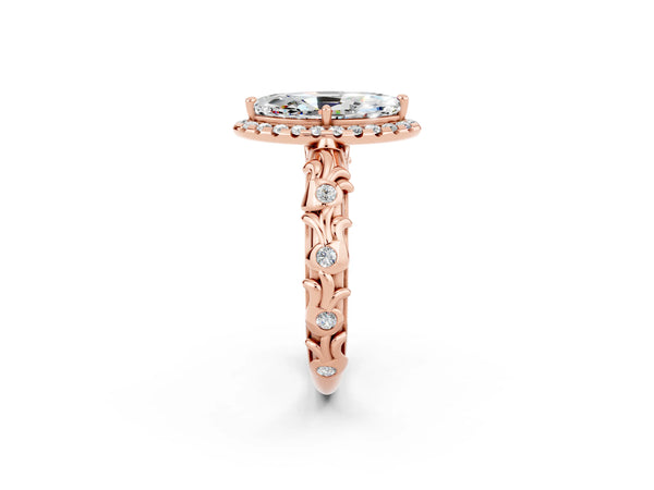 Rose gold Marquise Cut Moissanite Halo Ring with Filigree Band and Prong Setting