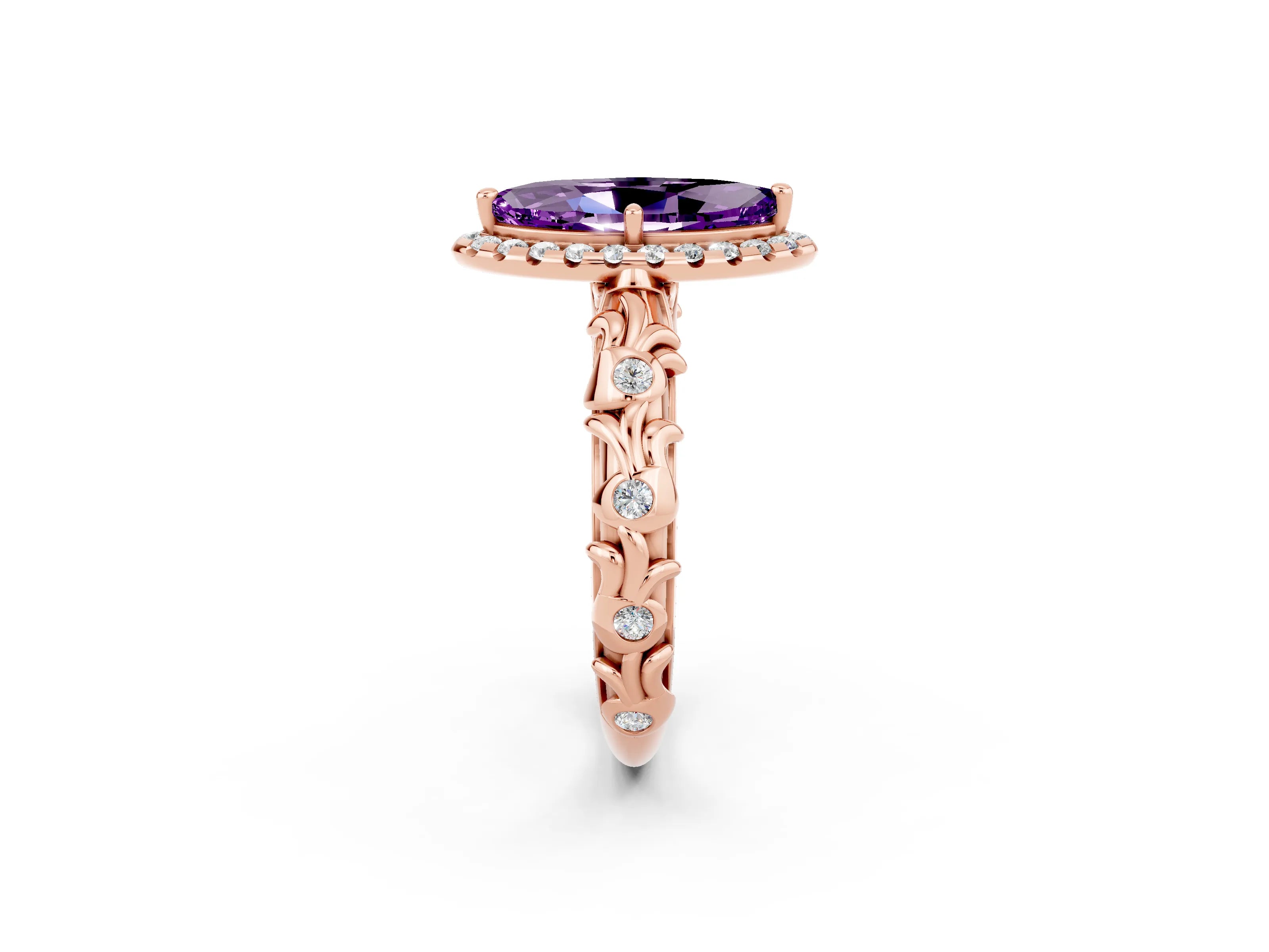 Rose gold Marquise Cut Halo Diamond Solitaire with Filigree Band and Four-Prong Setting_2