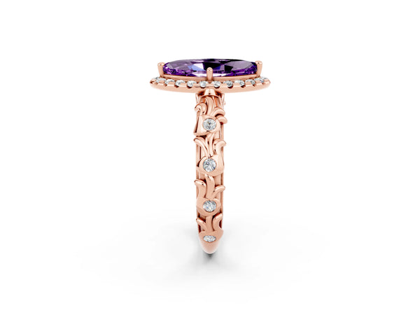 Rose gold Marquise Cut Amethyst Halo Ring with Filigree Band and Prong Setting