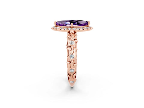 Rose gold Marquise Cut Halo Diamond Solitaire with Filigree Band and Four-Prong Setting_2