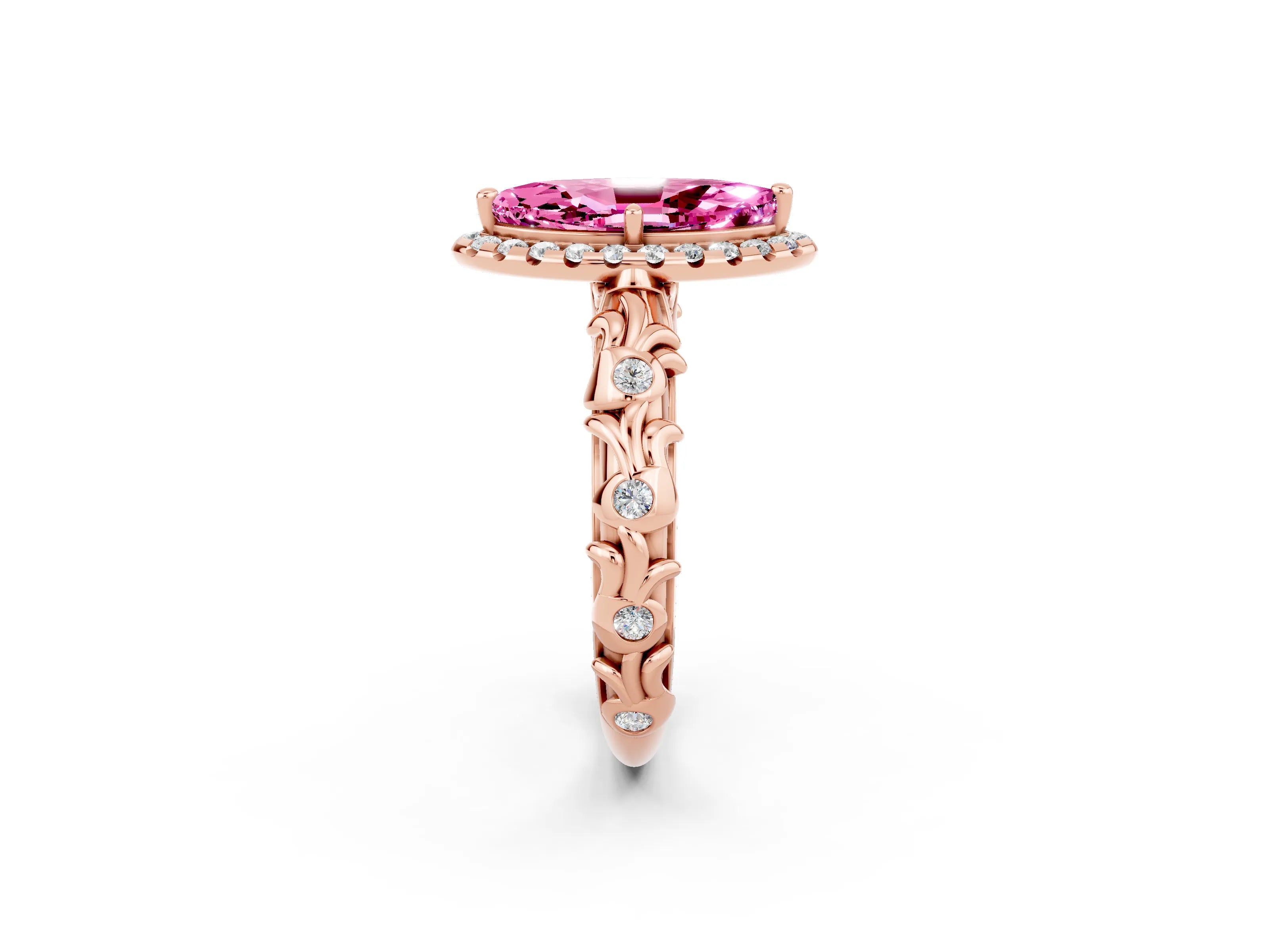 Rose gold Marquise Cut Halo Diamond Solitaire with Filigree Band and Four-Prong Setting_2