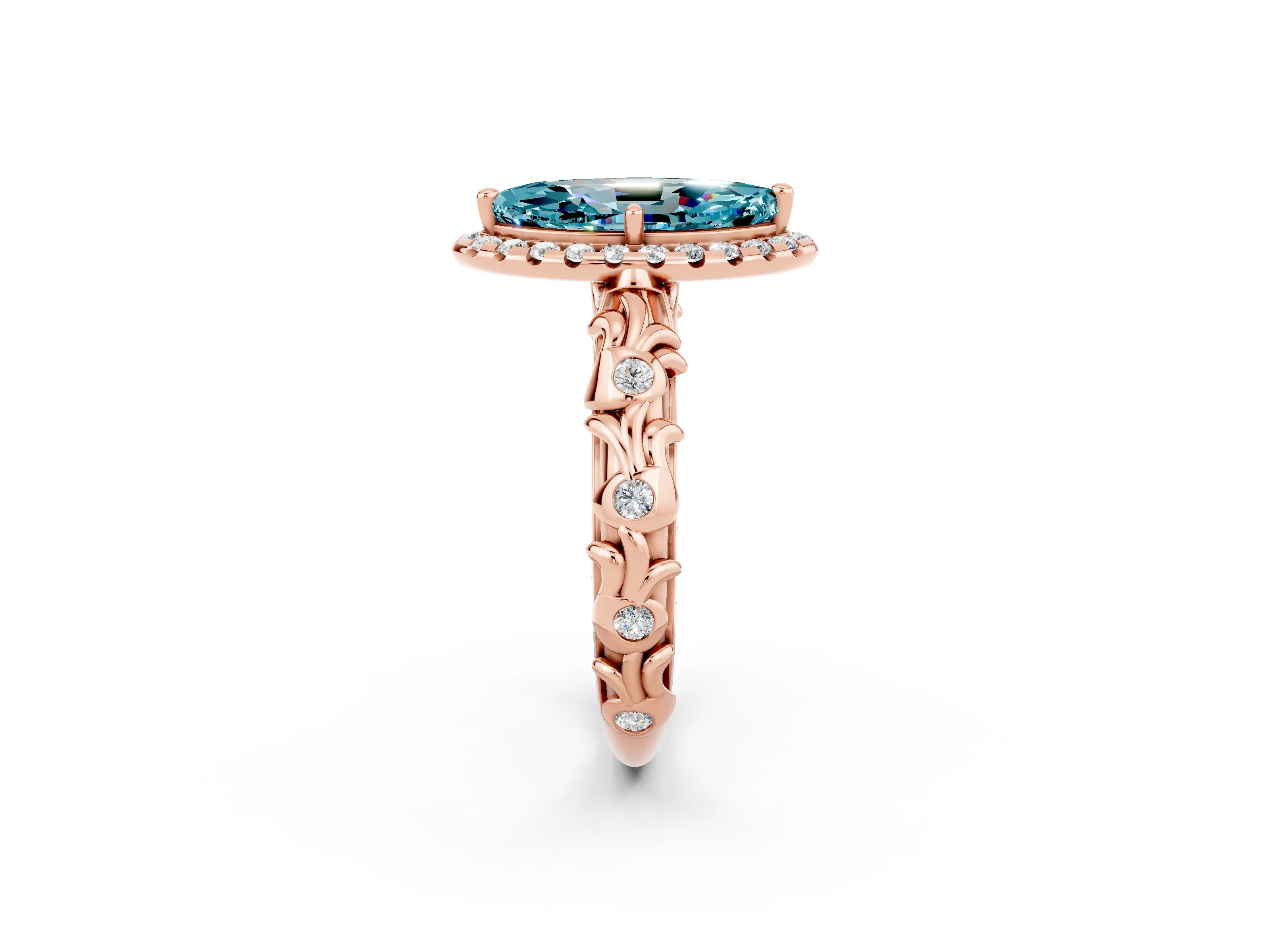 Rose gold Marquise Cut Halo Diamond Solitaire with Filigree Band and Four-Prong Setting_2
