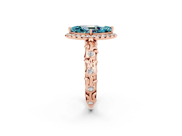 Rose gold Marquise Cut Halo Diamond Solitaire with Filigree Band and Four-Prong Setting