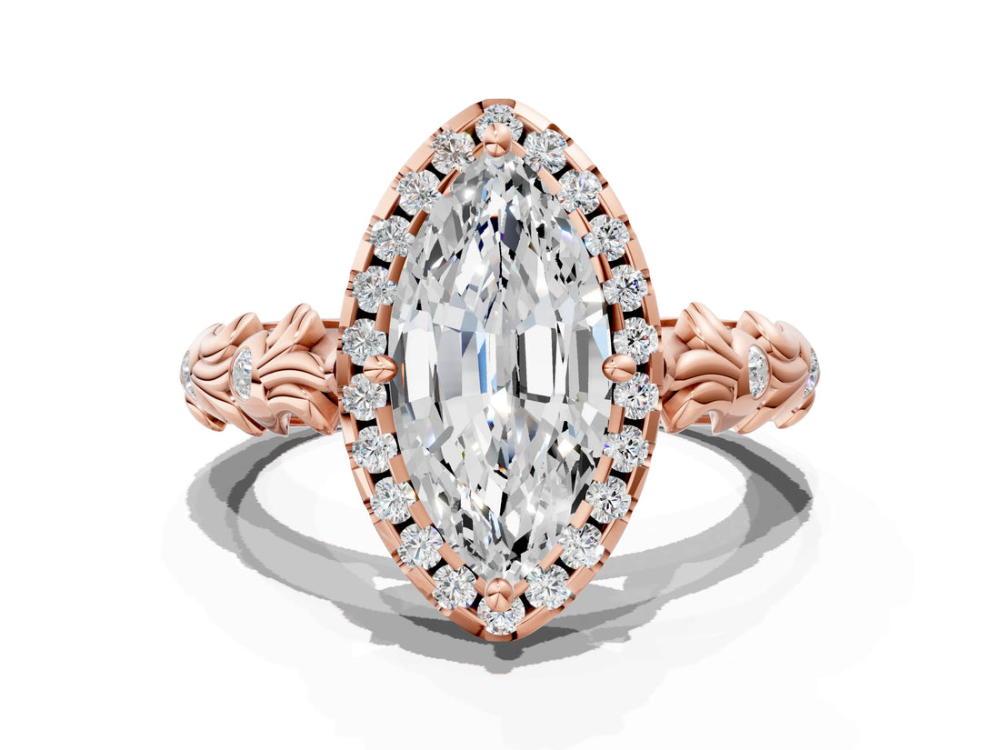 Rose gold Marquise Cut Halo Diamond Solitaire with Filigree Band and Four-Prong Setting_3