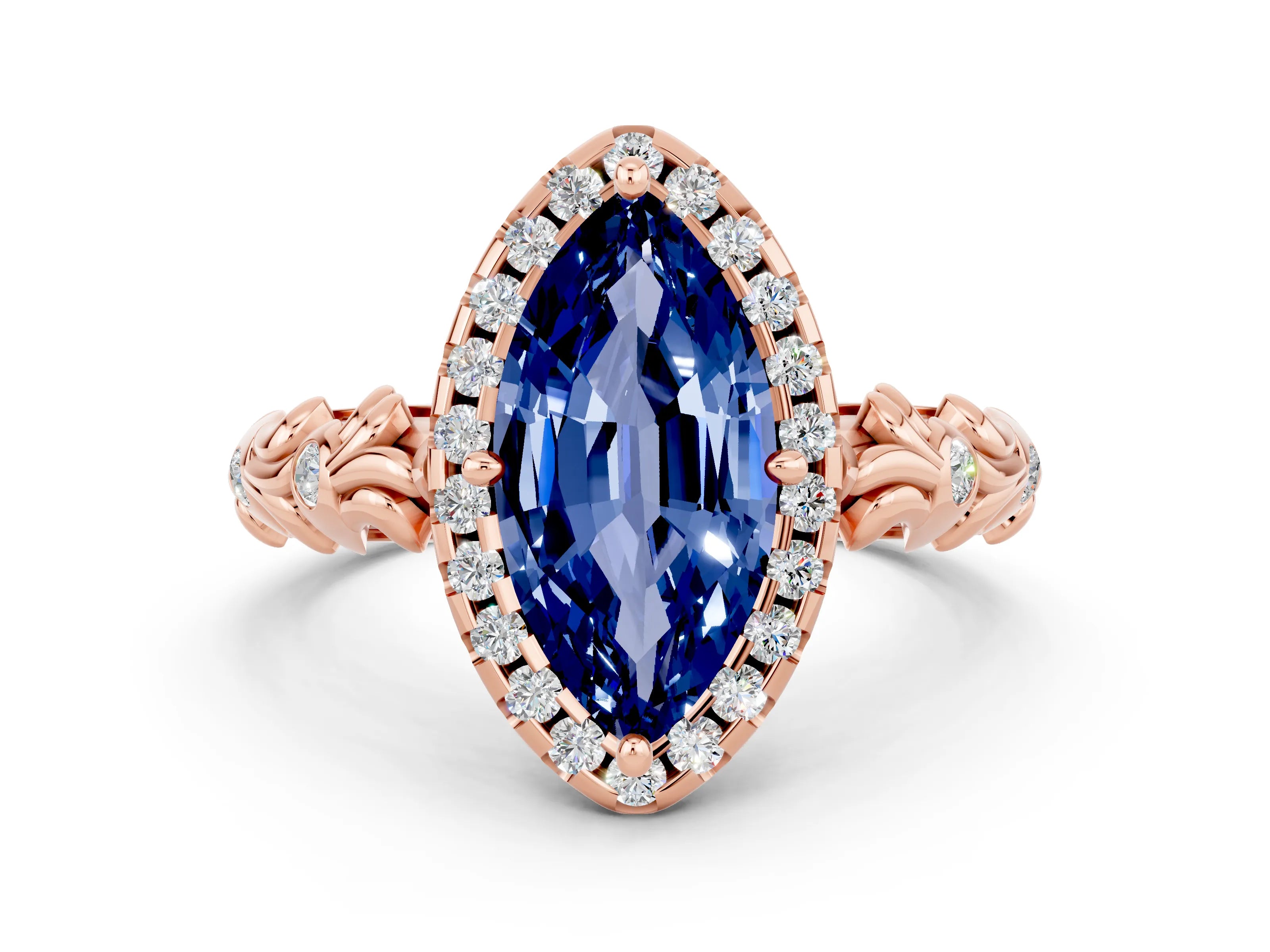 Rose gold Marquise Cut Halo Diamond Solitaire with Filigree Band and Four-Prong Setting