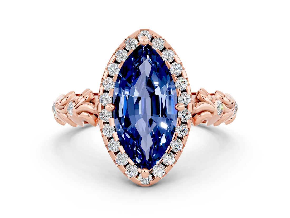 Rose gold Marquise Cut Halo Diamond Solitaire with Filigree Band and Four-Prong Setting