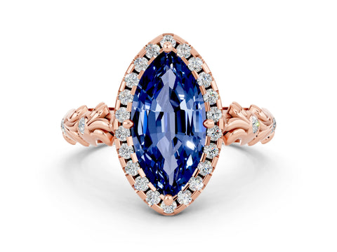 Rose gold Marquise Cut Halo Diamond Solitaire with Filigree Band and Four-Prong Setting