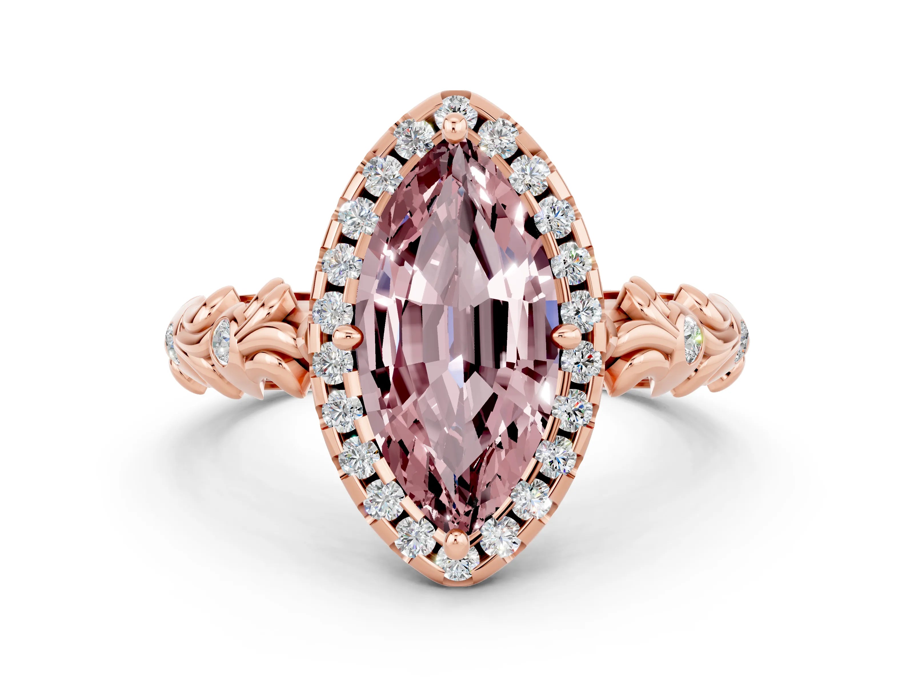 Rose gold Marquise Cut Halo Diamond Solitaire with Filigree Band and Four-Prong Setting
