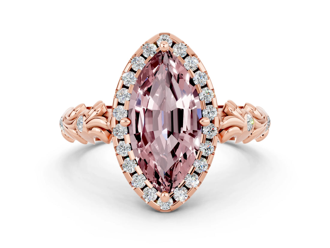 Rose gold Marquise Cut Halo Diamond Solitaire with Filigree Band and Four-Prong Setting