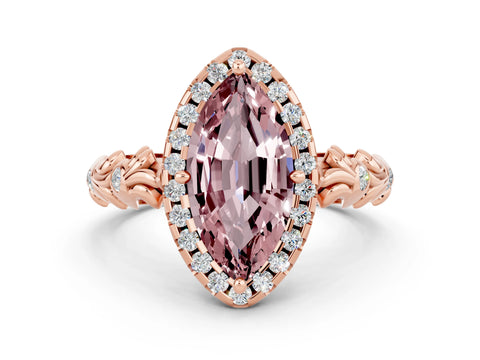 Rose gold Marquise Cut Halo Diamond Solitaire with Filigree Band and Four-Prong Setting