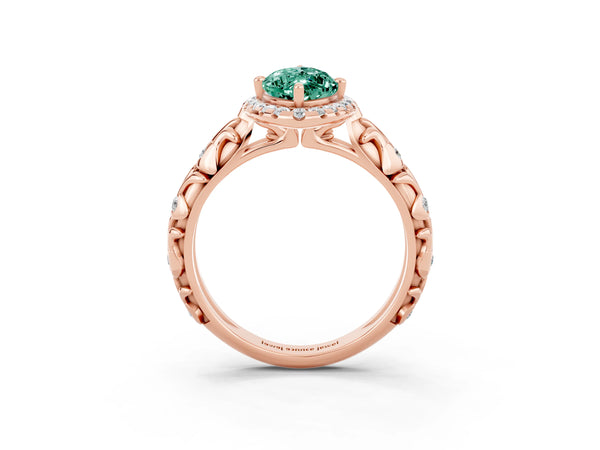Rose gold Marquise Cut Green Sapphire Halo Ring with Filigree Band and Prong Setting